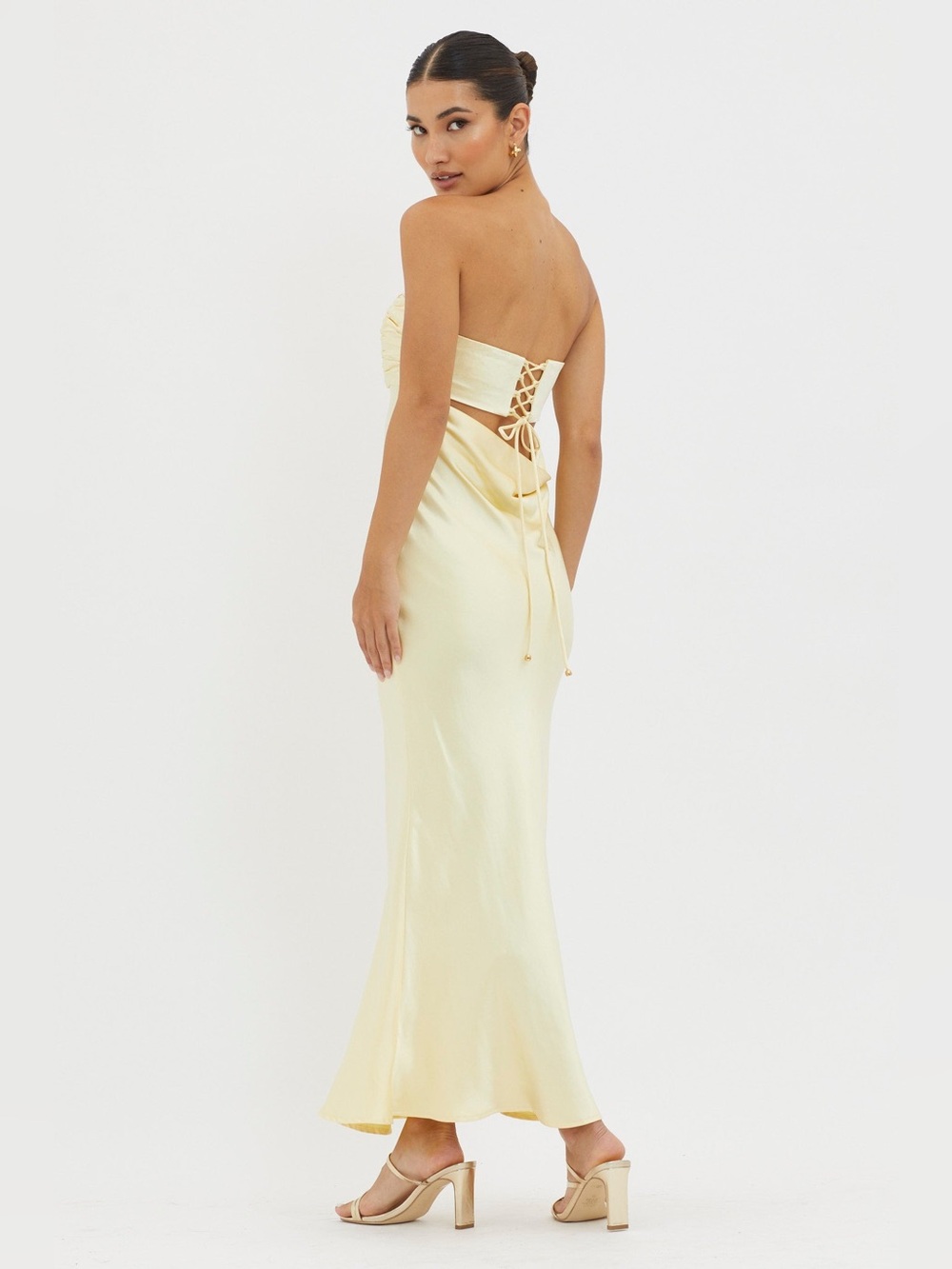 $115 NWT Selfie Leslie Moon Song Strapless Laced Back Dress Butter Yellow M - Picture 7 of 9
